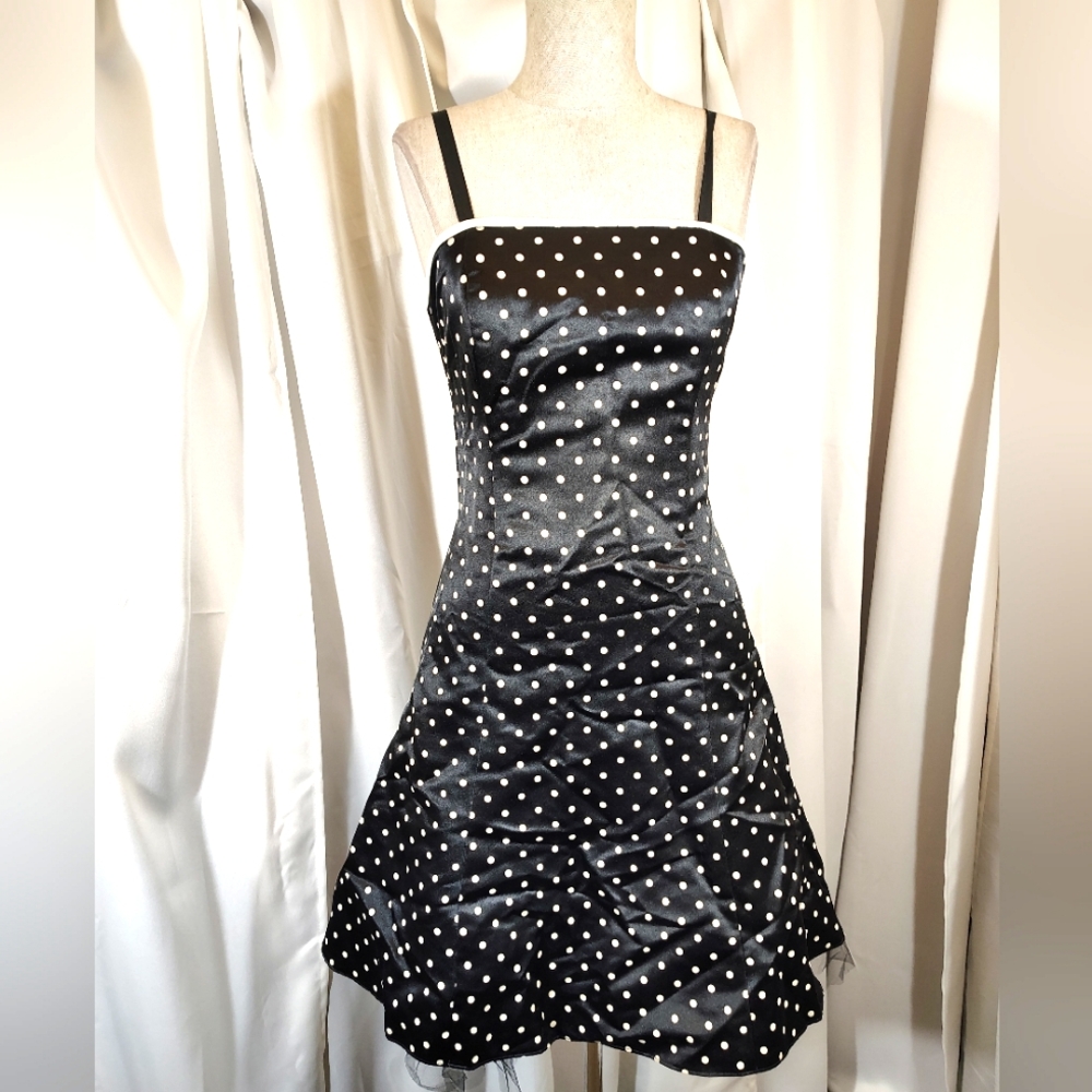 Gunne Sax ByJessica McClintock Midi Dress Black/White Polka Dot, Satin, Flare,0 - Picture 8 of 12